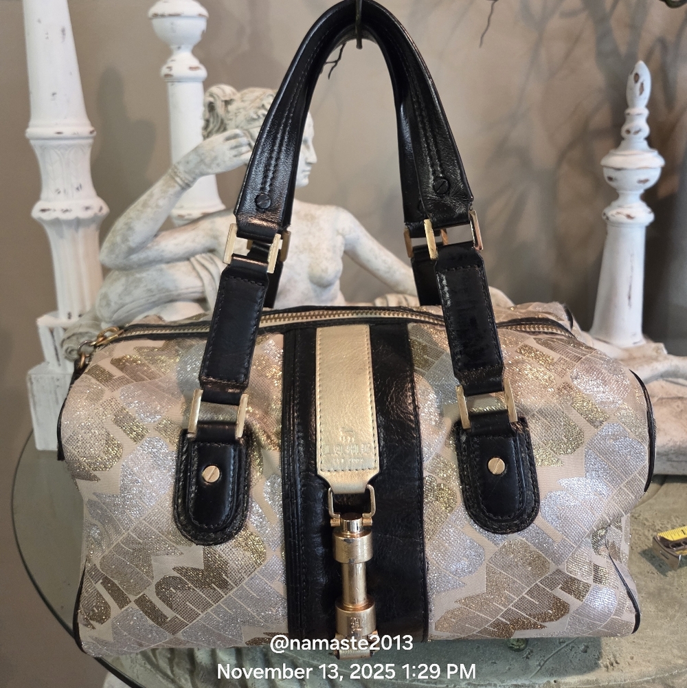 L.A.M.B. Gold Glam Satchel Metalic Foil Stich Leather Logo Designer #184